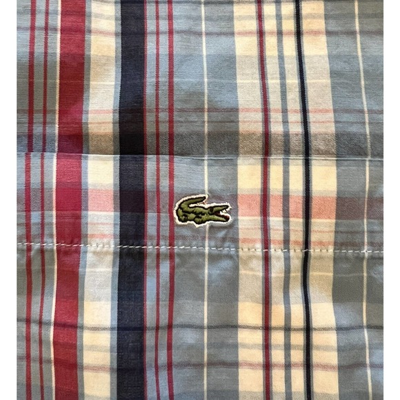Lacoste Mens Oxford Shirt Blue Pink Plaid Long Sleeve 100% Cotton Pocket M 44 - Picture 3 of 5